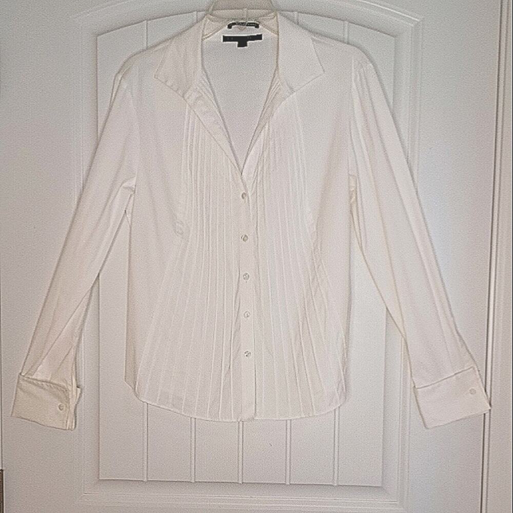 Lafayette 148 Pintuck Button Down Tuxedo Blouse Women's Sz 10 White - Picture 2 of 11